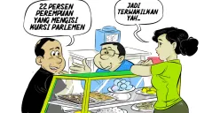 Pelanggan warteg menyebut 22 persen kursi parlemen diisi perempuan. Penjaga warteg menanggapi dengan kalimat, "Jadi terwakilkan yah..." (Sumber: Poskota/Arif Setiadi)