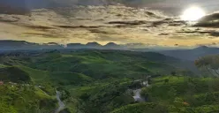 Pemandangan indah Sunrise Point Cukul di Pangalengan, Bandung Selatan, yang menampilkan hamparan perbukitan hijau dengan sinar matahari pagi yang menembus kabut tipis. (Sumber: Google/Mokuren Kawai)