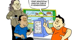 Ilustrasi obrolan warteg, tiga sahabat berdiskusi soal putusan MK yang menyoroti penarikan anggota Polri aktif dari jabatan publik di kementerian. (Sumber: Poskota/Arif Setiadi)