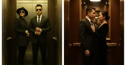 Hasil edit prompt Gemini AI foto pasangan bergaya mafia di lift. (Sumber: Freepik/pressfoto)