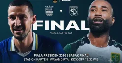 Link live streaming Persib vs Persebaya di final Piala Presiden 2026, pada Kamis, 6 Agustus 2026, dengan kick-off pukul 20.00 WIB. (Sumber: X/@VidioSports)