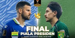 Final Piala Presiden 2026 mempertemukan Persib Bandung dan Persebaya Surabaya, pada Kamis, 6 Agustus 2026, mulai pukul 20.00 WIB. (Sumber: X/@0hbola)