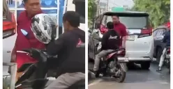 Tangkapan layar sopir Toyota Alphard yang diduga menghancurkan sepeda motor milik pengemudi ojek online (ojol) menggunakan batu. (Sumber: X/@penganutsekte)