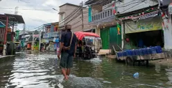 Warga Muara Angke, Jakarta Utara terobos banjir rob untuk beraktivitas. (Sumber: Pos Kota/ Ali Mansur)
