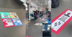 Stiker bertuliskan “Injak kalau kamu benci korupsi” di lantai MRT menjadi pesan sederhana untuk mengajak masyarakat menunjukkan sikap antikorupsi. (Sumber: Threads/@aswarww)