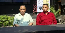 Ketum Projo Budi Arie Setiadi (kiri) dan Ketum Baramuda 08 Rhesa Yoga (kanan) saat jumpa pers di Jakarta, Jumat, 28 Agustus 2026. (Sumber: Poskota/Angga Pahlevi)
