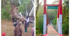 Kondisi Jembatan Gantung Pongpet setelah tali sling sisi kiri terlepas dan membuat badan jembatan menjadi miring. (Sumber: X/@NaraSenyap)