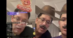 Momen Menkeu Purbaya tampil santai saat live TikTok bersama anaknya Yuda Purboyo berujung disawer warganet. (Sumber: TikTok/@waaveee.id)