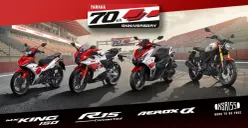 Yamaha merayakan ulang tahun ke-70 dengan menghadirkan livery spesial pada MX King 150, Aerox Alpha Turbo, R15M Connected/ABS, dan XSR 155. (Sumber: Yamaha)