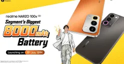 Realme Narzo 100x 5G hadir membawa baterai 8.000mAh, layar 144Hz, chipset Dimensity 6300, serta fitur AI Google Gemini yang menyasar segmen smartphone kelas menengah. (Sumber: Realme)