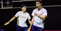 Pasangan ganda putra Indonesia, Fajar Alfian/Muhammad Shohibul Fikri di Singapore Open 2026. (Sumber: Dok. BNI)