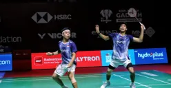 Pasangan ganda putra Devin Artha Wahyudi/Ali Faathir Rayhan saat bertanding di Indonesia Open 2026. (Sumber: BNI)
