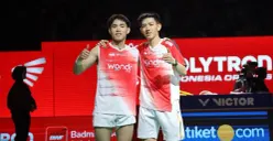 Pasangan ganda putra muda Indonesia, Raymond Indra/Nikolaus Joaquin berhasil melaju ke partai final Indonesia Open 2026. (Sumber: Dok. BNI)
