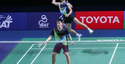 Raymond/Joaquin harus mengakui keunggulan pasangan Malaysia, Goh Sze Fei/Nur Izzuddin pada partai final Polytron Indonesia Open 2026. (Sumber: PBSI)
