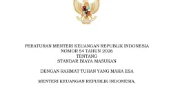 Dokumen PMK Nomor 54 Tahun 2026 tentang Standar Biaya Masukan menjadi acuan penyusunan anggaran kementerian dan lembaga untuk tahun anggaran 2027. (Sumber: Kemenkeu PDF)