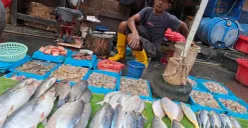 Iman, pedagang ikan basah laut di Pasar Kebayoran Lama hanya bisa melihat dagangannya yang masih banyak karena harga naik dan sepi peminat. (Sumber: Poskota/Angga)