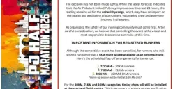 Petaling Jaya Half Marathon 2026 dibatalkan akibat kondisi kualitas udara yang masih berada pada tingkat tidak sehat. Panitia mengutamakan keselamatan dan kesehatan peserta, relawan, serta kru acara. (Sumber: Facebook/@PJ HALF MARATHON)