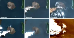 Tampilan citra Teknologi Penginderaan Jarak Jauh memperlihatkan perubahan-perubahan yang terjadi pada Gunung Anak Krakatau. (Sumber: BIG)