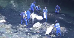 Karyawan TelkomGroup bersama petugas kebersihan saat mengangkat sampah dari aliran Kali Krukut di sekitar The Telkom Hub, Jakarta, Jumat, 18 September 2026. (Sumber: Telkom)