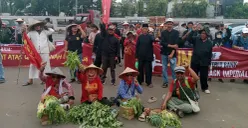 Sejumlah petani sayur bersama Sekjen AGRA, Saiful Wathoni dalam aksi di depan Gedung DPR, Senayan, Tanah Abang, Jakarta Pusat, Kamis, 24 September 2026. (Sumber: Poskota/Rizki Gojali)