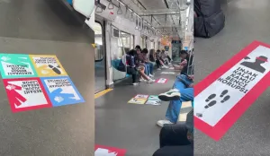 Stiker bertuliskan “Injak kalau kamu benci korupsi” di lantai MRT menjadi pesan sederhana untuk mengajak masyarakat menunjukkan sikap antikorupsi. (Sumber: Threads/@aswarww)