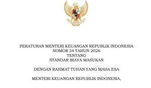 Dokumen PMK Nomor 54 Tahun 2026 tentang Standar Biaya Masukan menjadi acuan penyusunan anggaran kementerian dan lembaga untuk tahun anggaran 2027. (Sumber: Kemenkeu PDF)