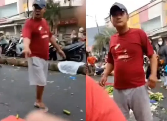 Momen pria diduga preman mengamuk hingga mengacak-acak sayur milik pedagang di Pasar Baru Bekasi. (Sumber: Tangkap Layar Instagram/@medsos_rame)