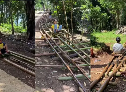 Sejumlah anak di Malangbong, Kabupaten Garut, berseluncur di atas rel yang disebut roller coaster tradisional. (Sumber: Instagram/@salfaniadit)