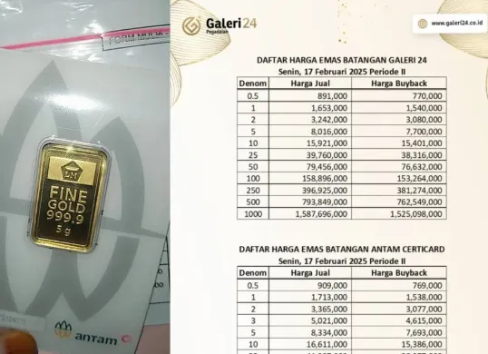 Harga daftar emas Antam, UBS dan Galeri24 mengalami penurunan hari ini tanggal 6 April 2025 (Sumber: Dok/Galeri24)