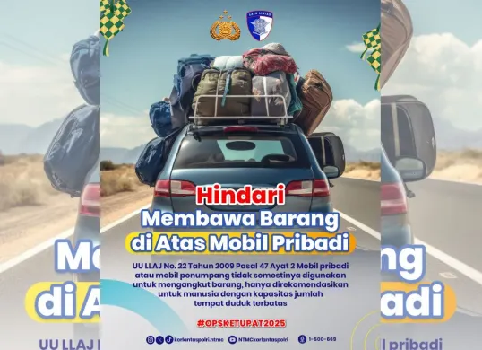 Seruan dari Korlantas Polri agar tidak membawa barang berlebihan di atas mobil pribadi. (Sumber: X/@NTMCLantasPolri)