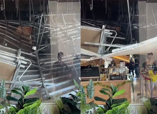 Momen detik-detik plafon kafe di Tanjung Selor ambruk dan menimpa sejumlah orang. (Sumber: Tangkap Layar TikTok/@juns29_)
