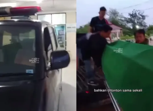 Jenazah pasien RSUD Martapura dibawa keluarga menggunakan pikap karena ambulans kehabisan bensin. (Sumber: Tangkap Layar Instagram/@palembangterkini.official)