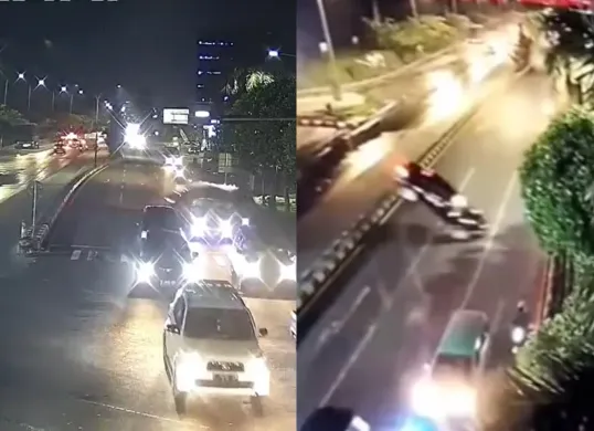 Detik-detik mobil BMW terjun bebas di jalan Tol Krian-Gresik. (Sumber: Kolase Tangkap Layar Instagram, Tiktok/@jelajah_gresik)