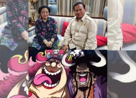 Netizen membandingkan pertemuan antara Prabowo - Megawati dengan Yonko Big Mom dan Kaido. (Sumber: X/@kemgelapan)
