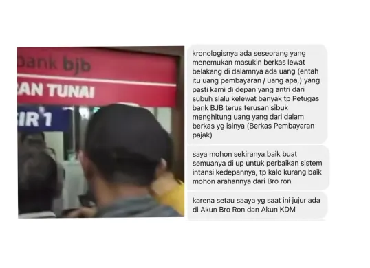 Warganet lapor via @brorondm soal dugaan titip berkas berisi uang di Bank BJB dan pungli cek fisik BBN. Antrian dari subuh terlewat, sistem layanan diminta segera diperbaiki. (Sumber: Capture akun Instagram @brorondm)