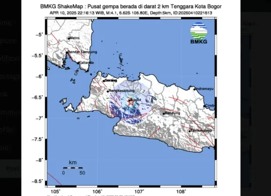 Gempa M4,1 mengguncang Bogor dan Depok, Kamis malam. Warga panik, guncangan terasa jelas. BMKG: pusat gempa di darat, 2 km dari Kota Bogor, kedalaman 5 km, tak berpotensi tsunami. (Sumber: Dok BMKG)