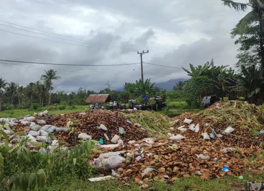 Jalan longsor di Desa Cilabanbulan, Kecamatan Menes, Pandeglang, tertutup limbah kelapa muda. (Sumber: Poskota/Samsul Fatoni)