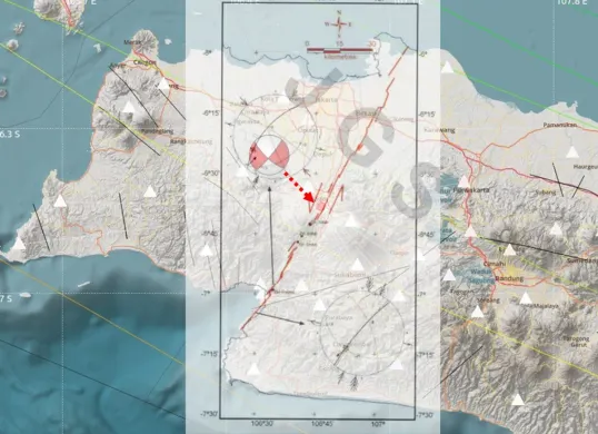 Peta lokasi episenter gempa M4,1 yang mengguncang Bogor pada Kamis malam, 10 April 2025. Titik gempa ditunjukkan oleh simbol mekanisme fokus (beachball diagram) dan anak panah merah. Gempa ini diduga dipicu sesar Citarik. (Sumber: BMKG)