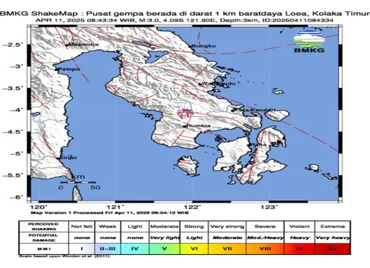 Gempa magnitudo 3 dengan kedalaman dangkal, 3 KM terjadi di Kolaka Timur, Sulawesi Tenggara. (Sumber: bmkg.go.id)