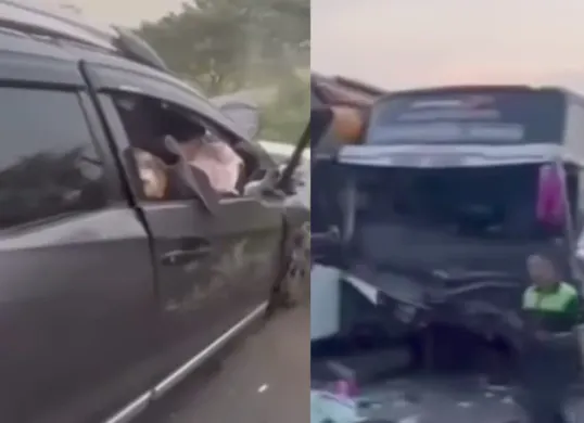 Kecelakaan terjadi di Tol Bojong, Pekalongan, Sabtu (12/4). Honda BR-V lawan arah tabrak bus rombongan Bonek. (Sumber: Instagram @pekalonganinfo)
