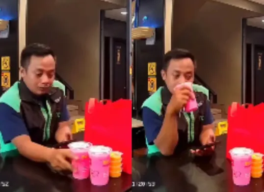 Momen seorang oknum driver ojol mencuri satu gelas minuman saat pickup orderan di salah satu restoran. (Sumber: Tangkap Layar Instagram/@funnelmedia)