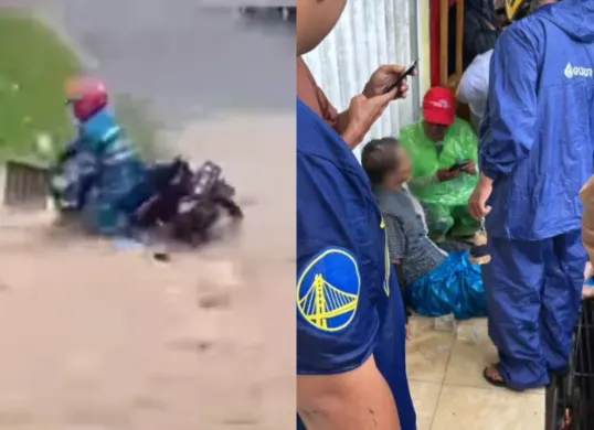 Seorang pengendara motor hanyut terseret banjir di Bandar Lampung. (Sumber: Tangkap Layar Instagram/@medsoszone)