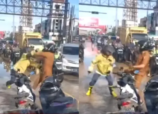 Seorang ASN terlibat perkelahian dengan pengendara motor lainnya karena cipratan air. (Sumber: Tangkap Layar Instagram/@medsoszone)