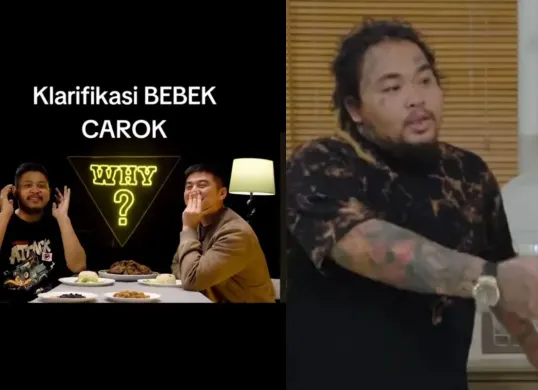 King Abdi sempat mengaku sebagai pembuat resep Bebek Carok, berbanding terbalik dengan pengakuan Tretan Muslim (Sumber: YouTube/ Tretan Universe dan Raditya Dika)