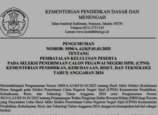 Tangkapan layar surat pengumuman pembatalan kelulusan CPNS 2024 Kemendikbud yang diunggah pada 25 Maret 2025. (Sumber: casn.kemendikdasmen.go.id)