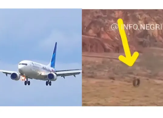 Ban pesawat Garuda lepas saat mendarat di Tanjung Pinang. Seluruh penumpang selamat, pesawat dinyatakan laik terbang usai pemeriksaan dan kini kembali beroperasi normal. (Sumber: Capture video @info.negeri)