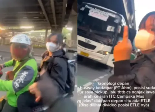 Seorang ojol diacungi jari tengah oleh penumpangnya karena menolak melawan arah. (Sumber: Tangkap Layar Instagram/@jakarta.ku)