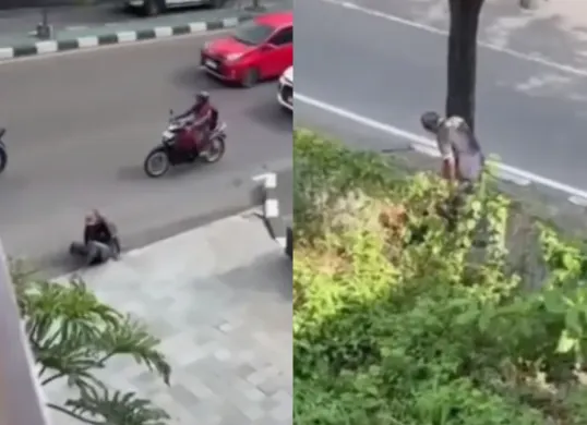 Momen seorang pengemis yang berpura-pura lumpuh seketika bisa berdiri selayaknya orang normal. (Sumber: Tangkap Layar Instagram/@medsoszone)