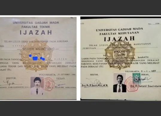 Perbandingan ijazah milik Saratri Wilonoyudho (kiri) dengan milik Jokowi (kanan) yang lulus dari UGM dengan waktu hampir bersamaan.