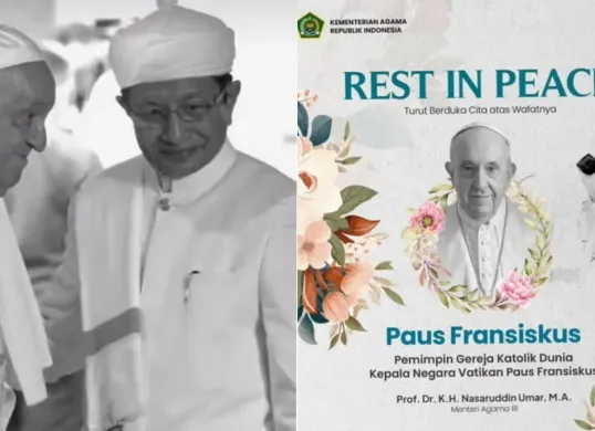 Menag Nasaruddin Umar sampaikan duka atas wafatnya Paus Fransiskus, sahabat dekatnya. Ia kenang momen bersama dan harap kerja sama Indonesia–Vatikan terus berlanjut demi perdamaian. (Sumber: Kolase Instagram Nasaruddin Umar)